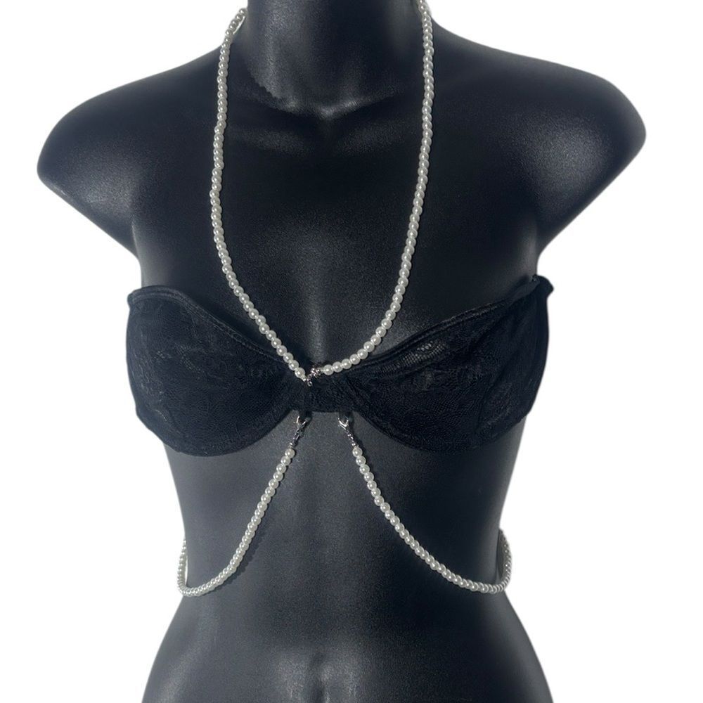 Forplay women’s small sexy lace strapless bralette sheer pearl chains‎ new